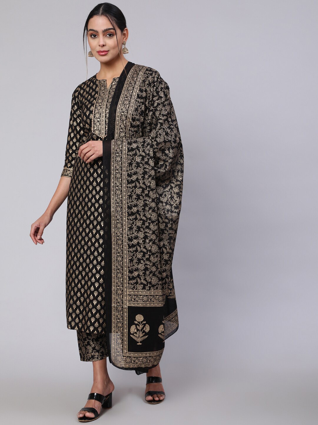 

Nayo Women Ethnic Motifs Printed Pure Cotton Kurta with Trousers & Dupatta, Black