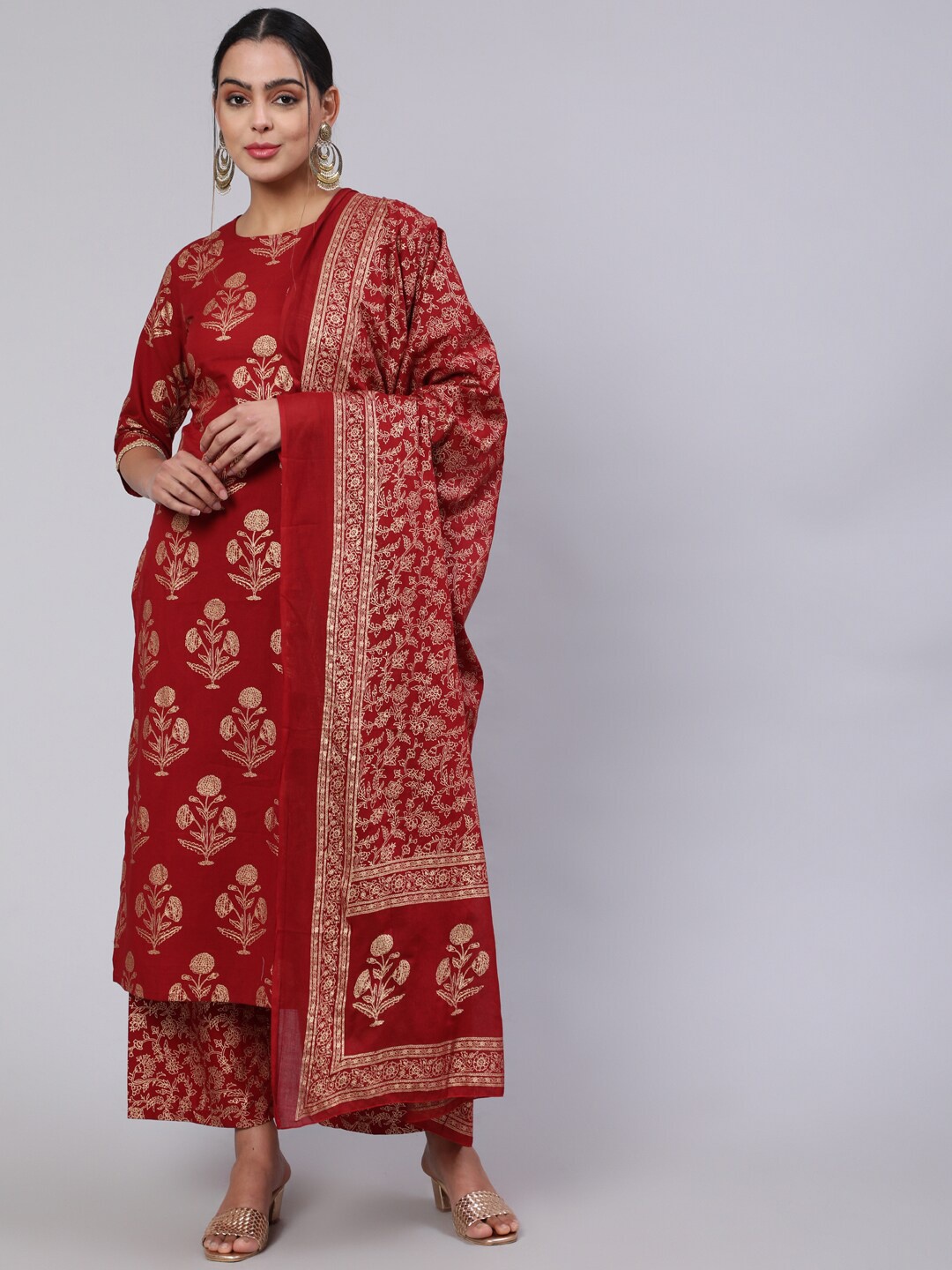 

Nayo Floral Printed Pure Cotton Kurta with Palazzos & Dupatta, Maroon