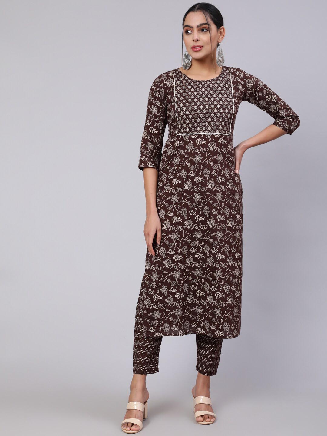 

Nayo Floral Printed Pure Cotton Kurta with Trousers, Brown