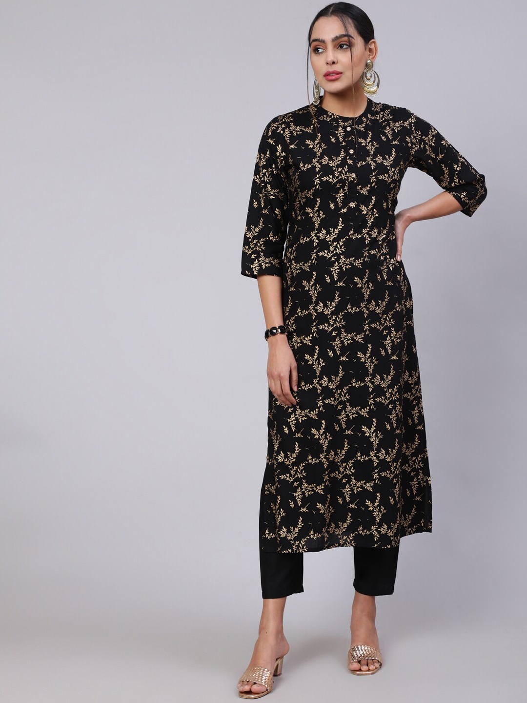 

Nayo Women Ethnic Motifs Printed Pure Cotton Kurta with Trousers, Black