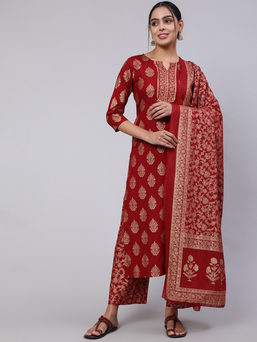 

Nayo Ethnic Motifs Printed Gotta Patti Pure Cotton Kurta with Palazzos & Dupatta, Maroon