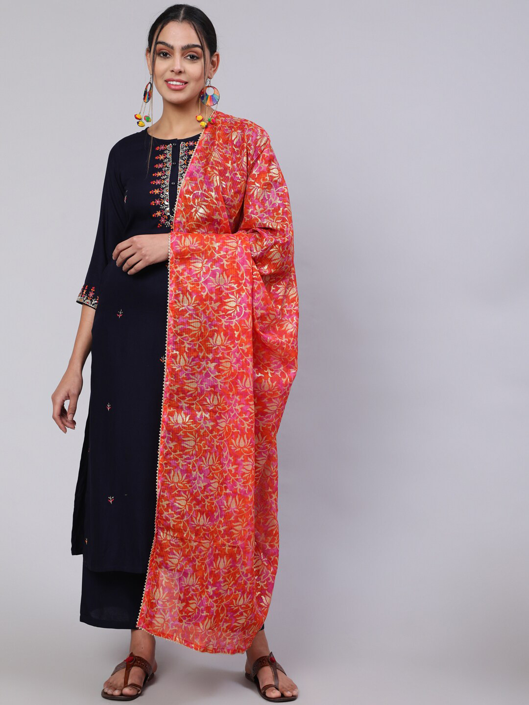 

Nayo Floral Embroidered Thread Work Kurta with Palazzos & Dupatta, Navy blue