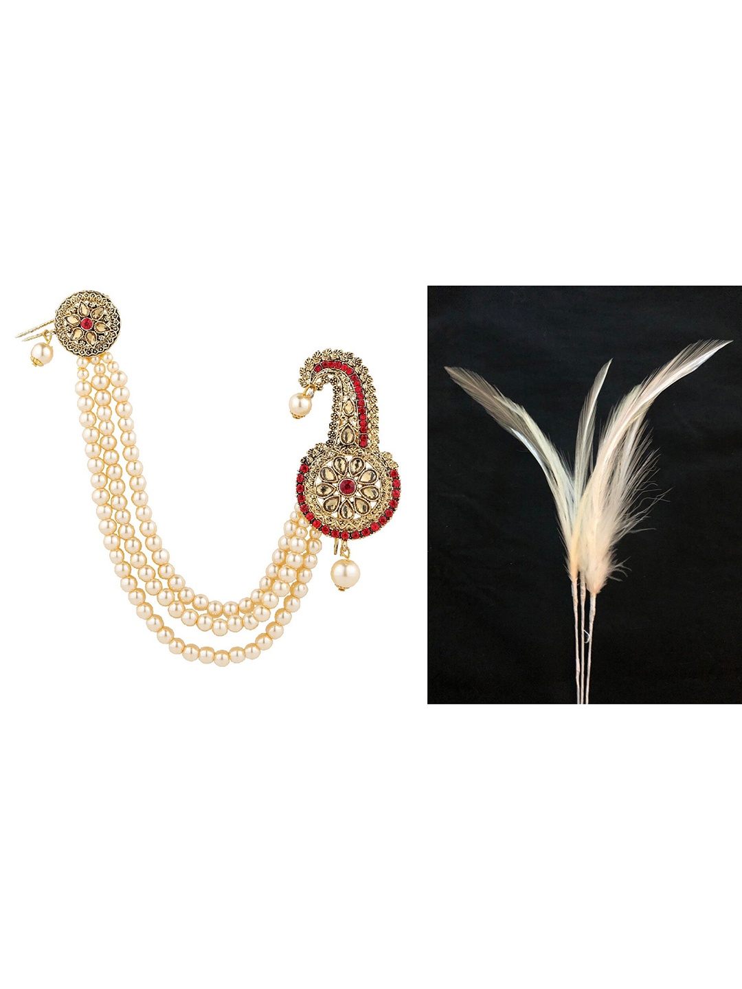 

Sanjog Men Stone & Beads-Studded Safa Maharaja Dulha Pagdi Kalangi Brooch, Cream
