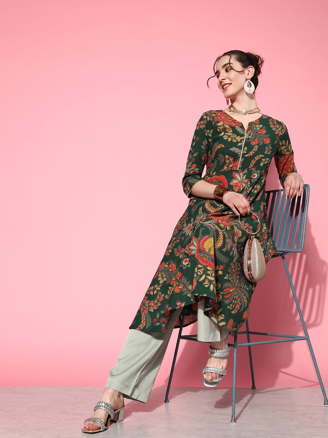 

Varanga Floral Printed Empire Style A-Line Kurta, Green