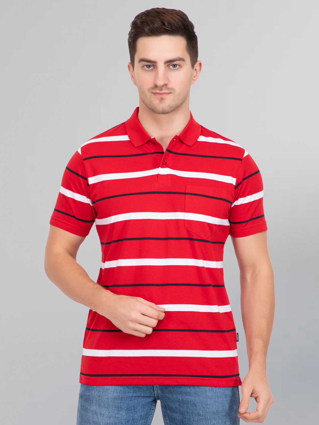 

GODFREY MenStriped Polo Collar Cotton T-shirt, Red
