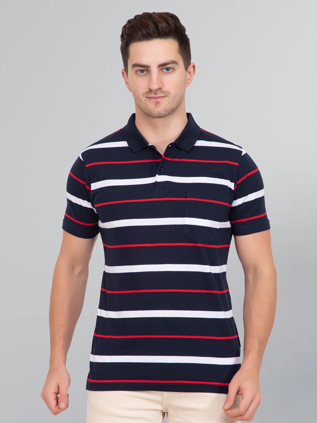 

GODFREY Men Striped Polo Collar Cotton T-shirt, Navy blue