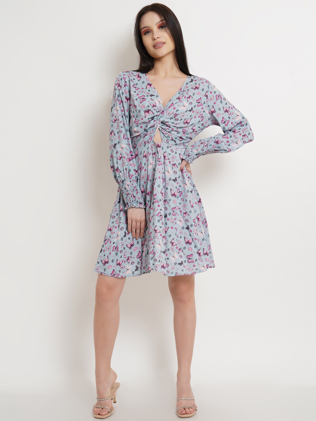 

DODO & MOA Puff Sleeves Gathered Fit & Flare Dress, Blue