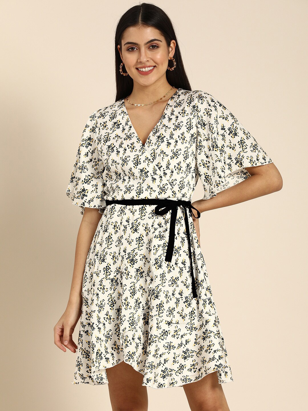 

DODO & MOA Floral Printed Flared Sleeves Wrap Dress, Off white