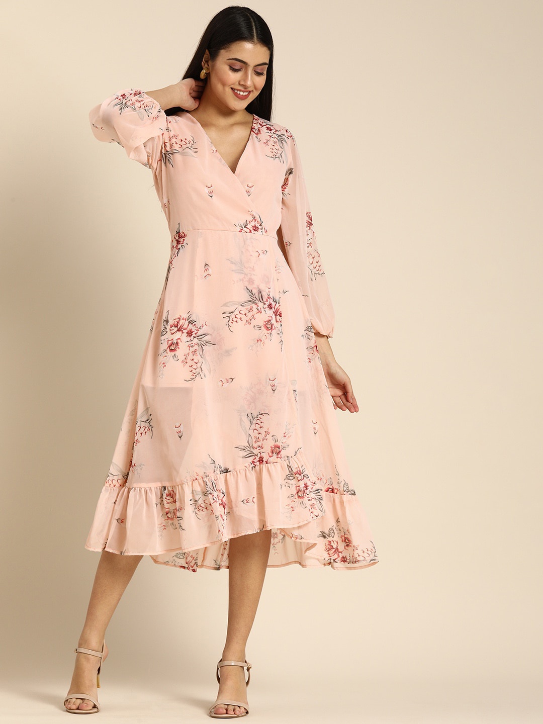 DODO & MOA Floral Printed Midi Wrap Dress, Peach