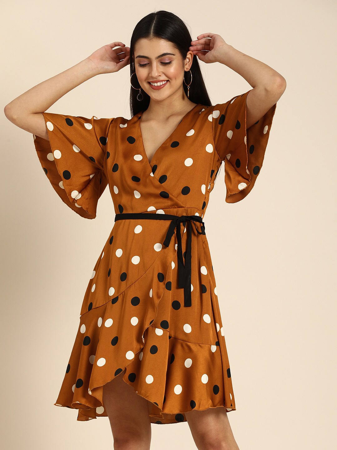 

DODO & MOA V-Neck Polka Dot Printed Wrap Dress, Brown