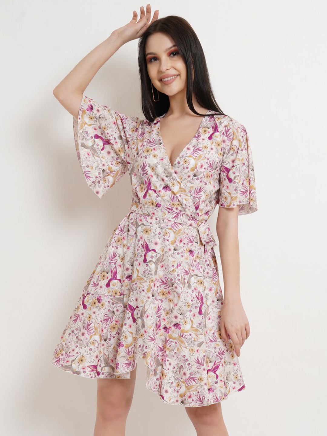 

DODO & MOA Floral Printed Flared Sleeves Wrap Dress, White