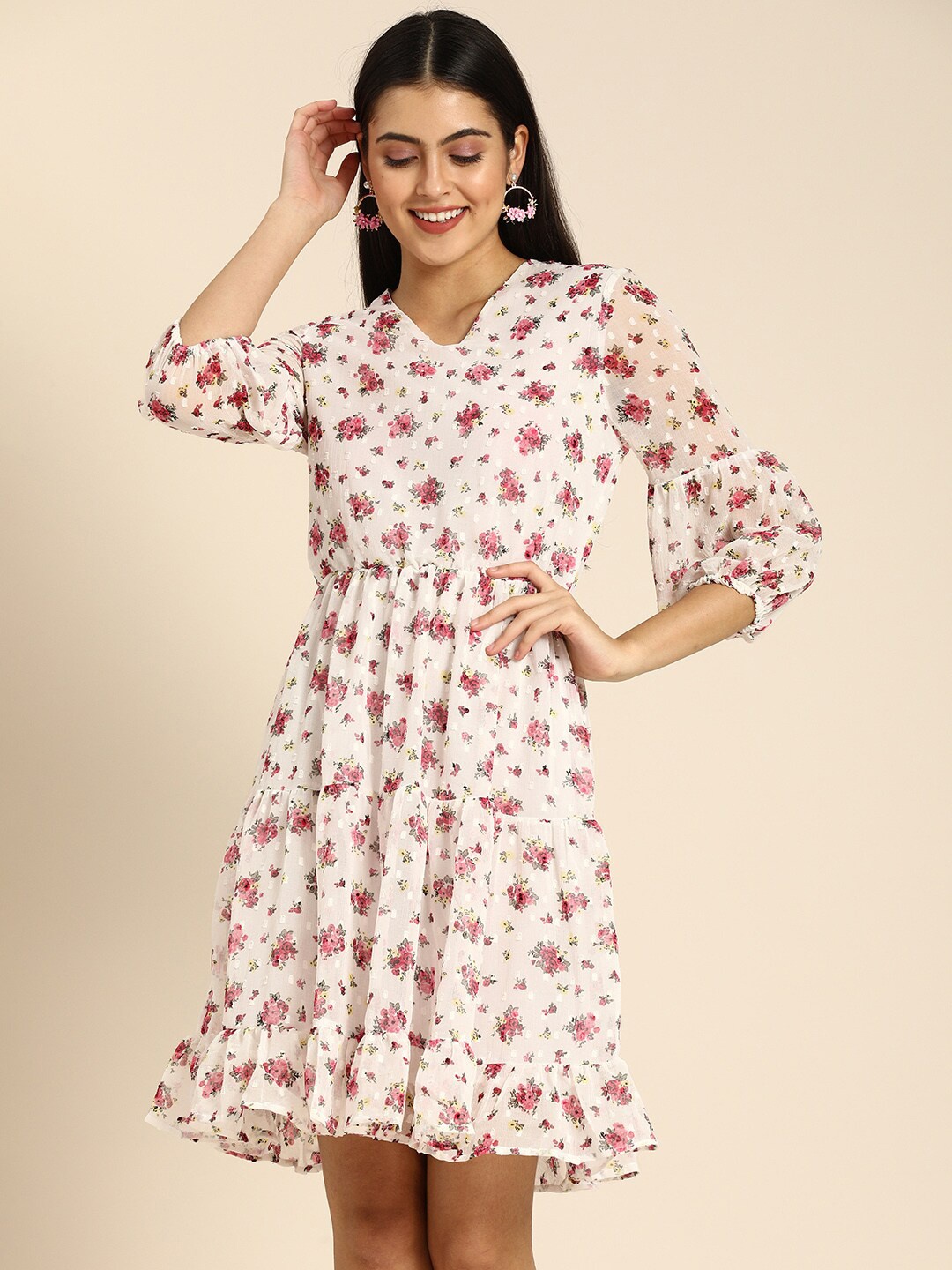 

DODO & MOA Floral Printed Puff Sleeves Tiered Fit & Flare Dress, White