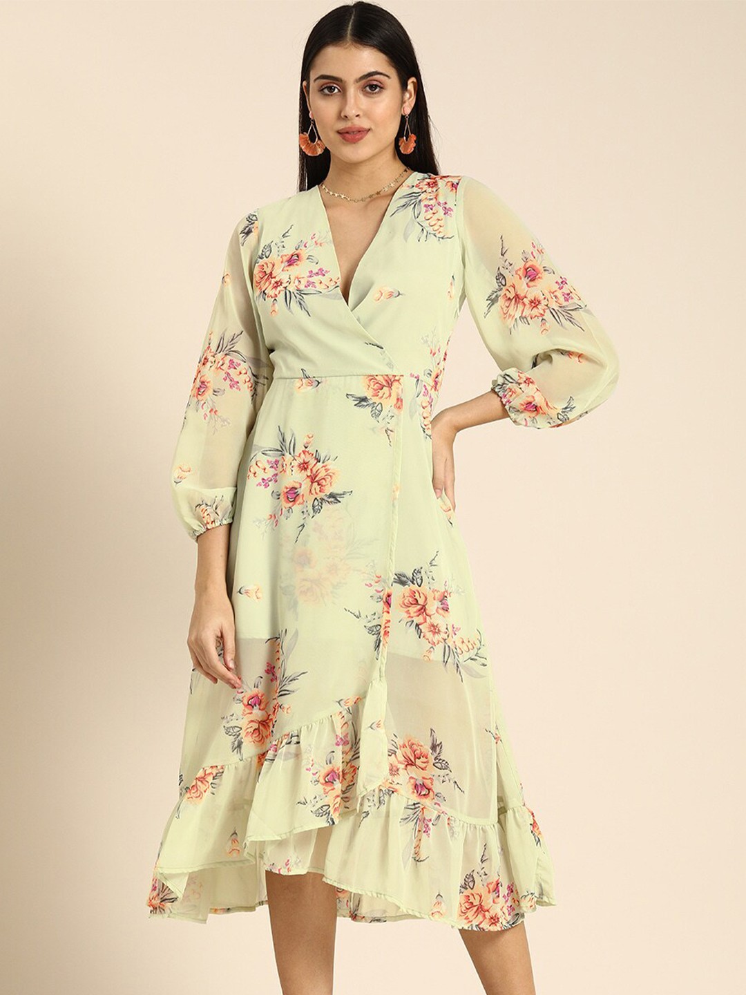 DODO & MOA Flounce Hem Floral Printed Puff Sleeves Midi Dress, Green