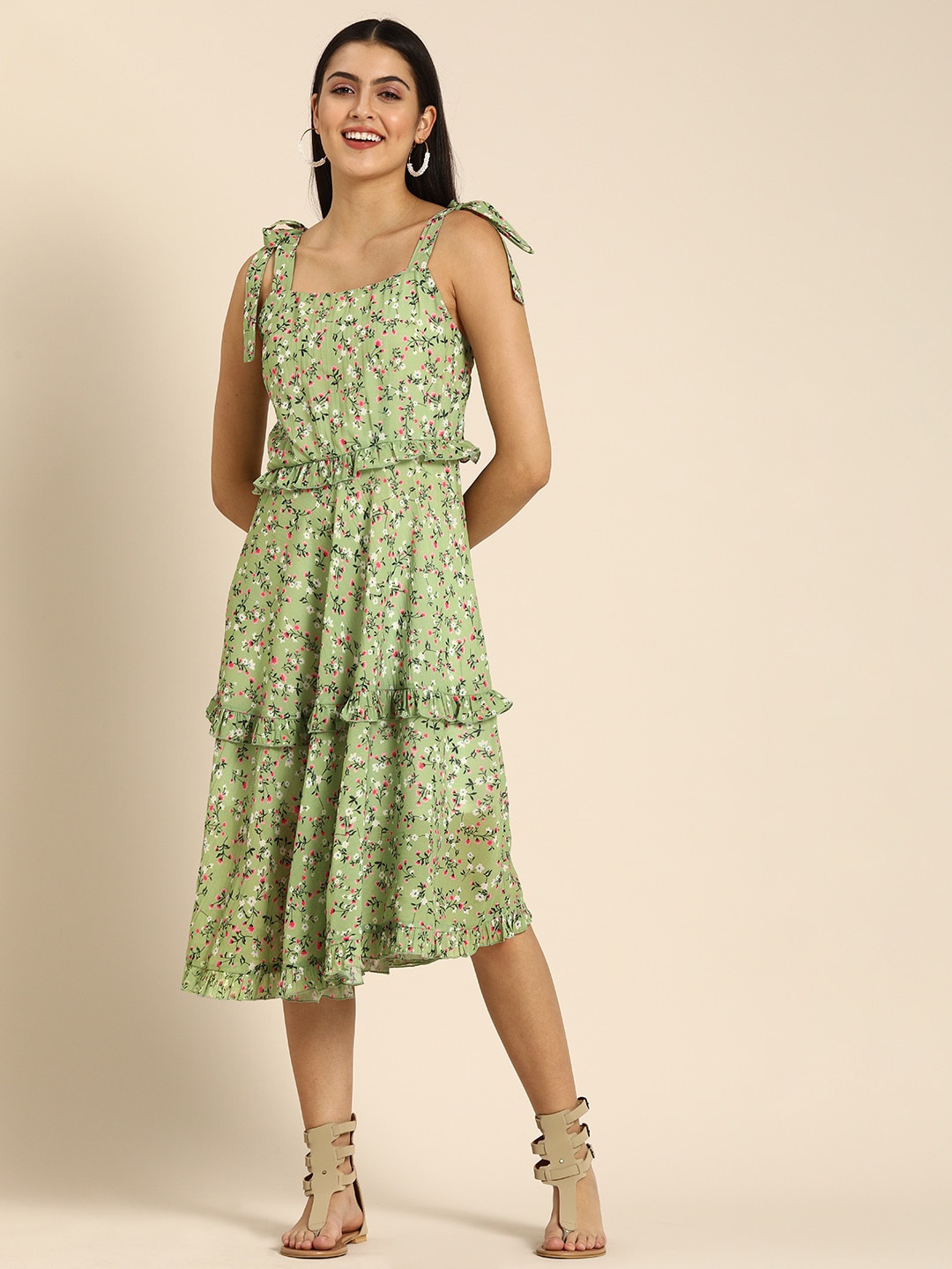 

DODO & MOA Floral Satin Midi Dress, Green