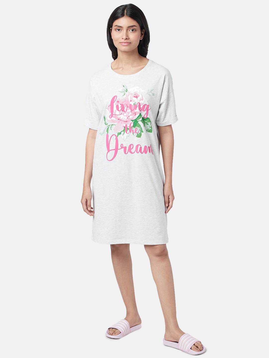 

Dreamz by Pantaloons Printed Pure Cotton Round Neck Nightdress, Grey melange