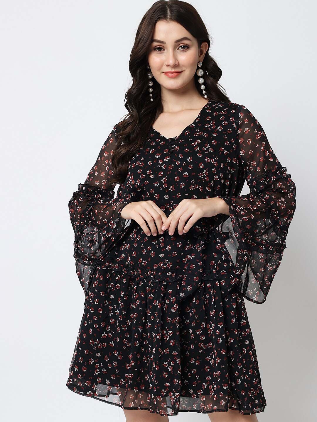 

CHARMGAL Floral Printed Bell Sleeves Fit & Flare Dress, Black