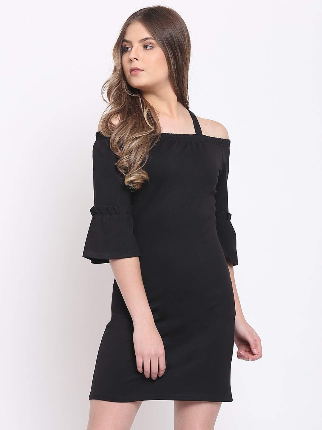 

RIVI Cold Shoulder Sleeves A-Line Cotton Dress, Black