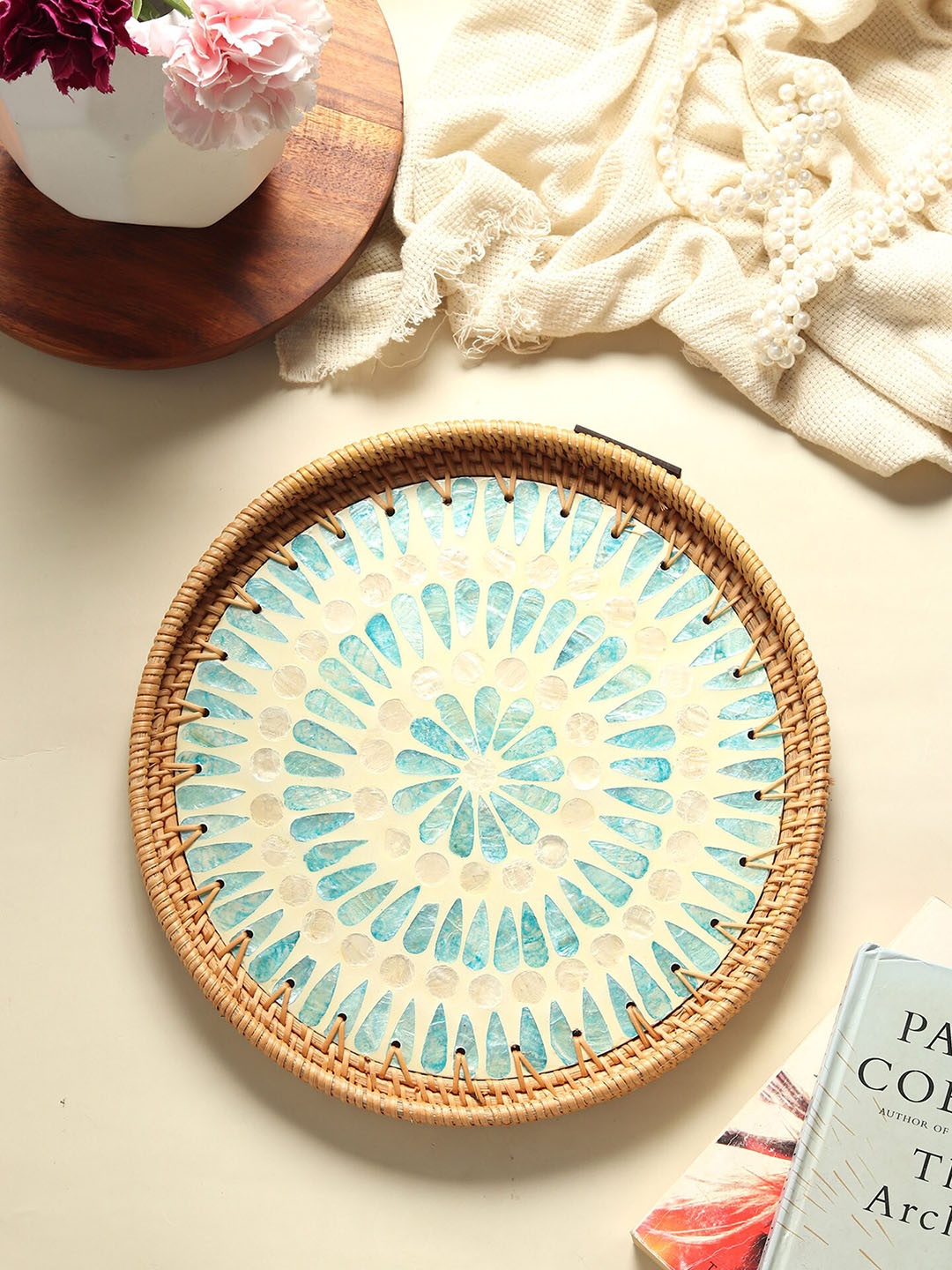

HABERE INDIA Beige & Cream Round Rattan Mosaic Printed Round Tray