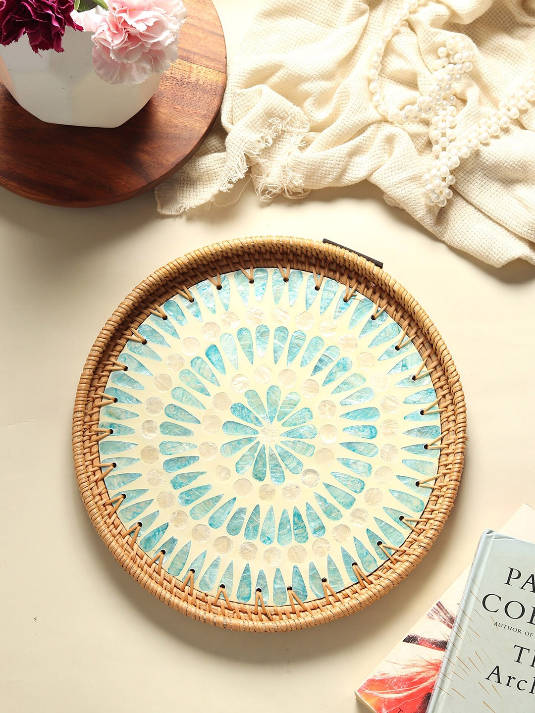 

HABERE INDIA Beige & Cream Mosaic Printed Round Rattan Wooden Tray