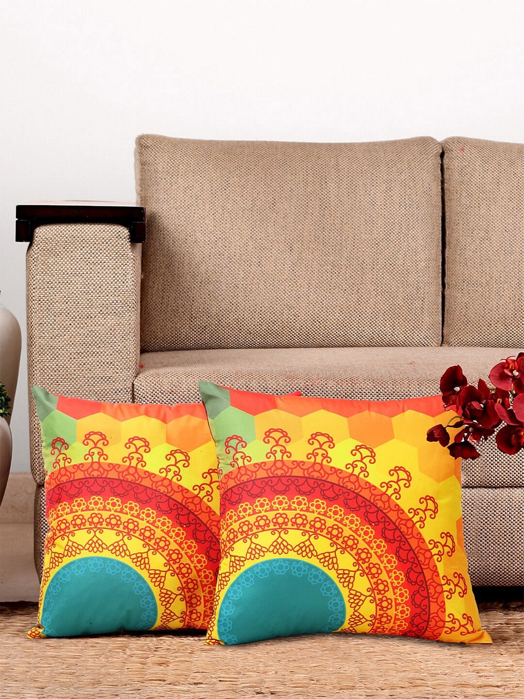 

NISRAG HOME Yellow & Red 2 Pcs Ethnic Motifs Square Cushion Covers