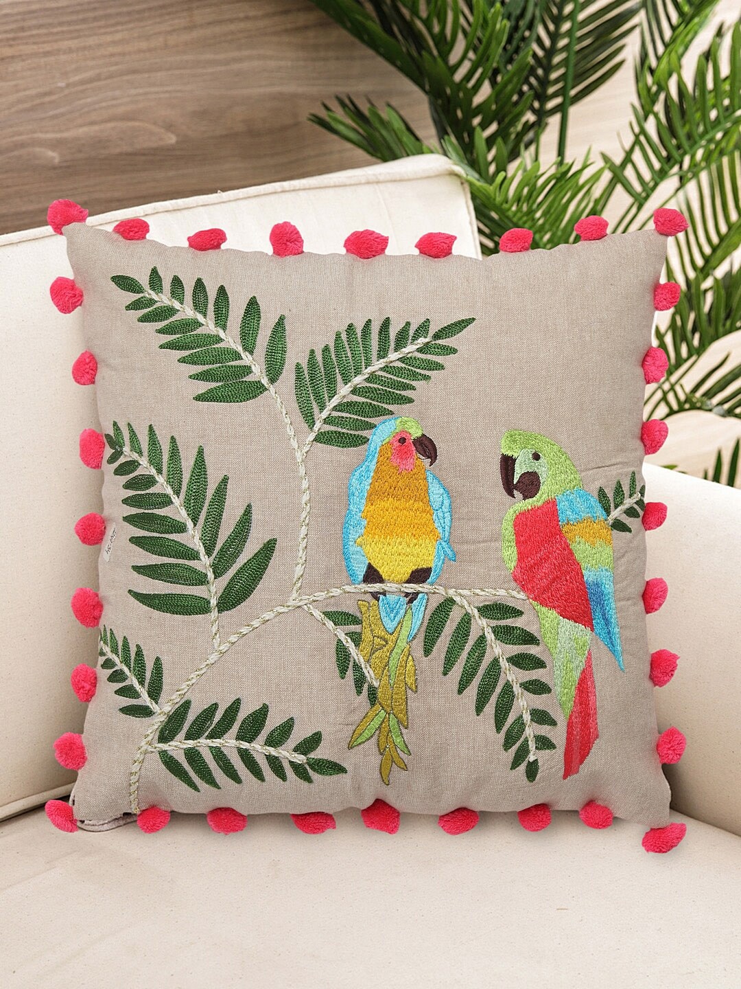 

NISRAG HOME Beige & Pink Embroidered Square Cushion Cover