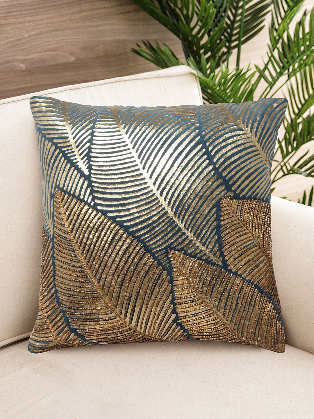 

NISRAG HOME Blue & Gold-Toned Embroidered & Embellished Square Cushion Cover