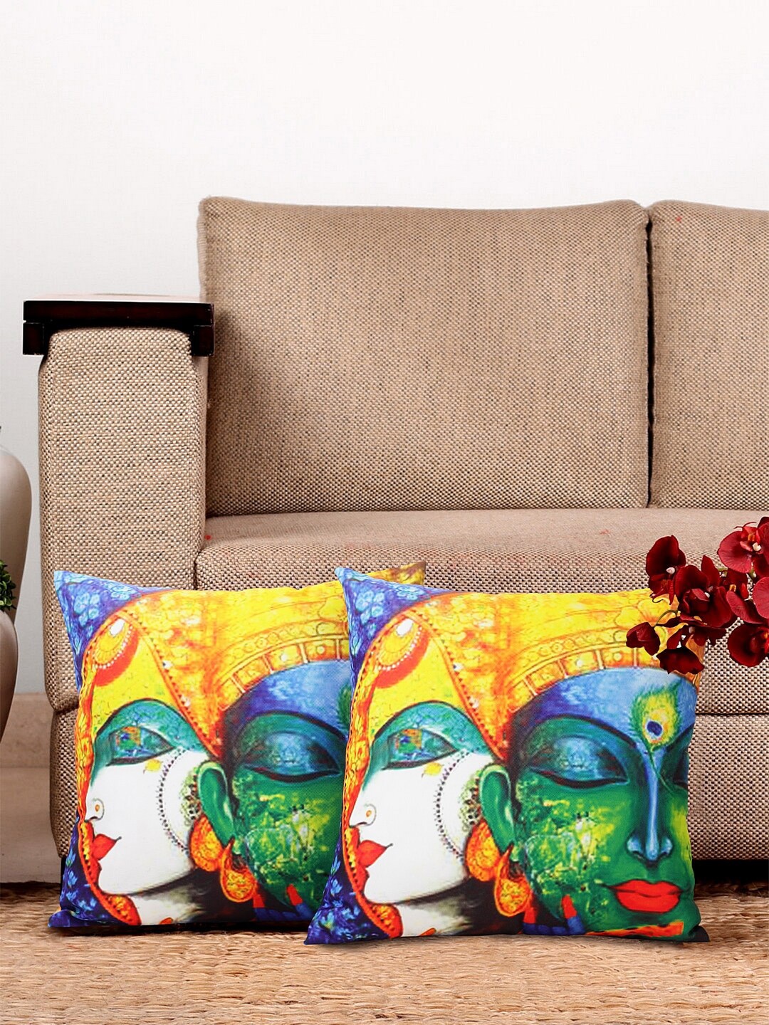 

NISRAG HOME Yellow & Blue 2 Pcs Ethnic Motifs Square Cushion Cover