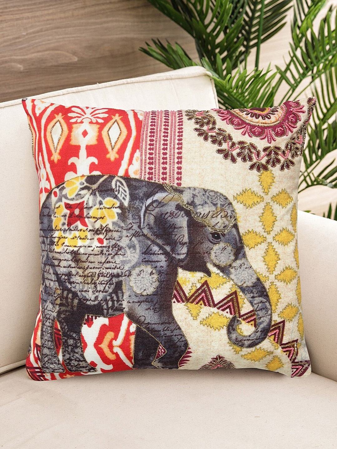 

NISRAG HOME Red & Grey Ethnic Motifs Square Cushion Cover