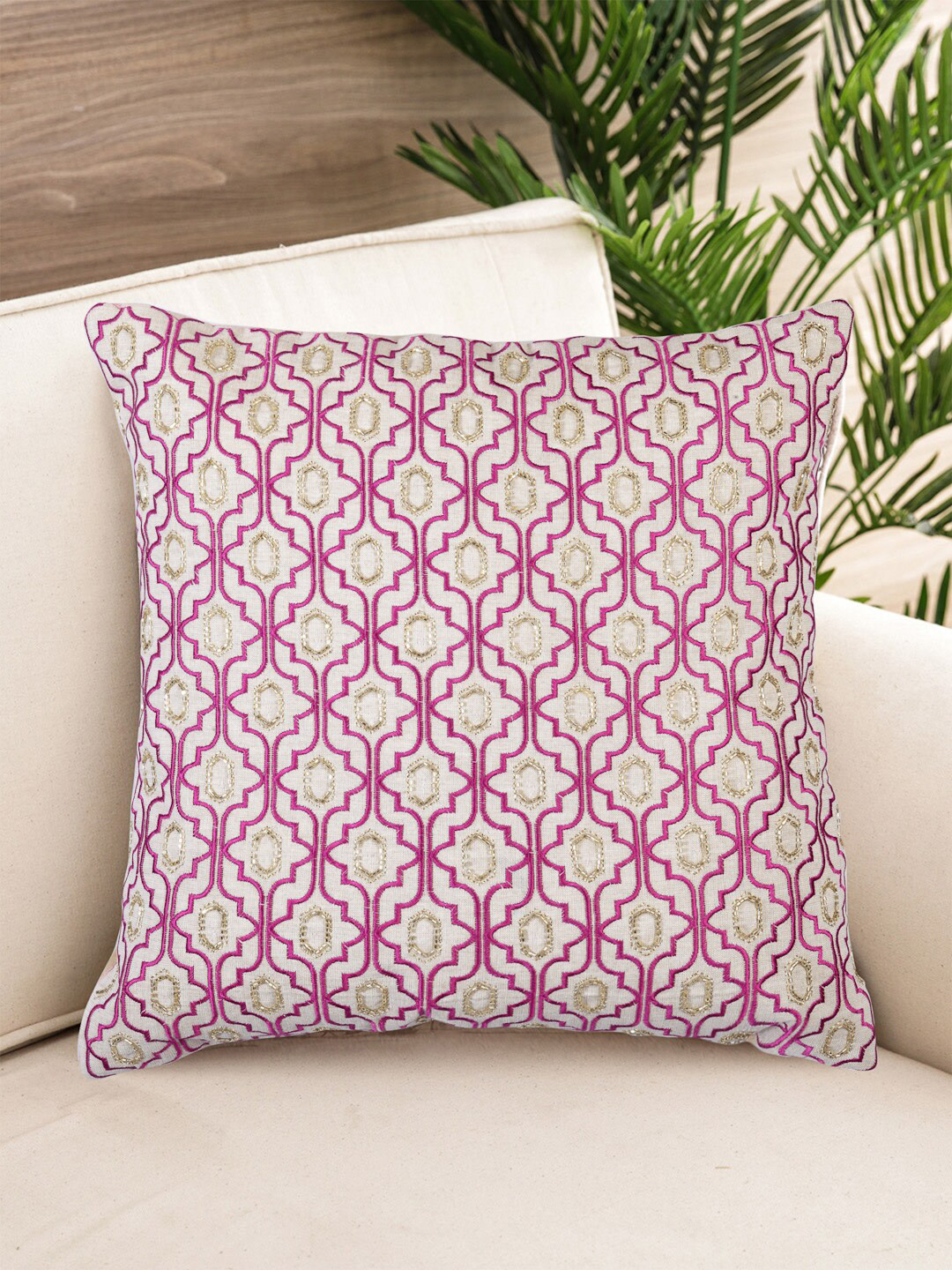 

NISRAG HOME Off White & Pink Ethnic Motifs Embroidered Square Cushion Cover