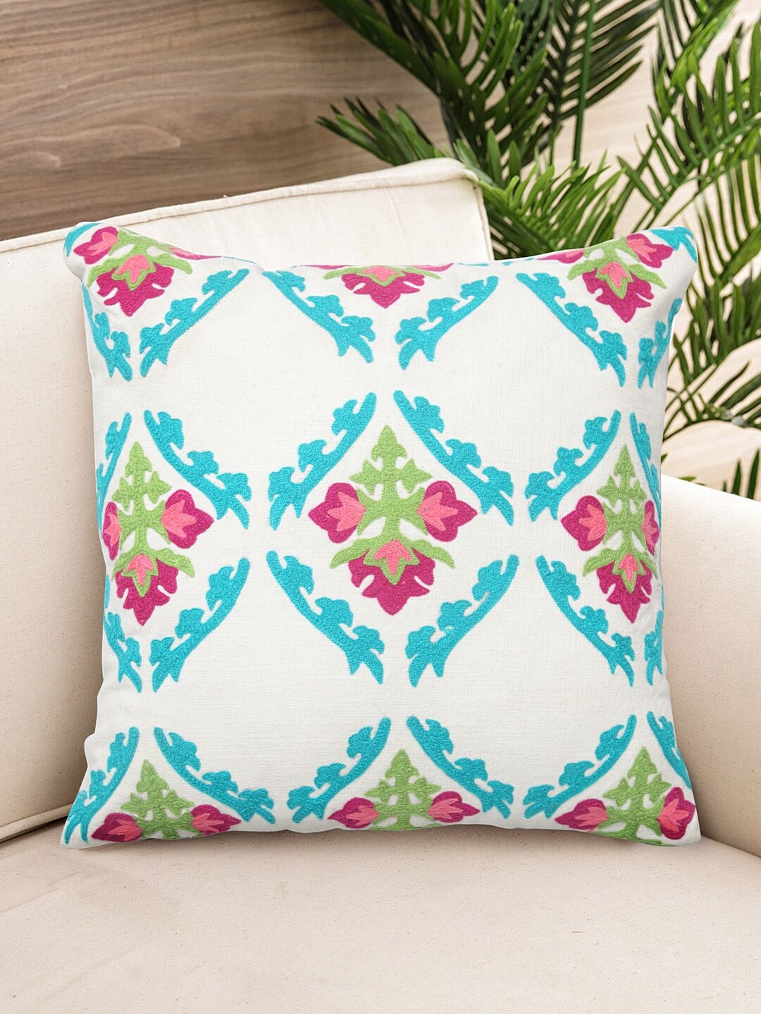 

NISRAG HOME White & Blue Embroidered Square Cushion Cover