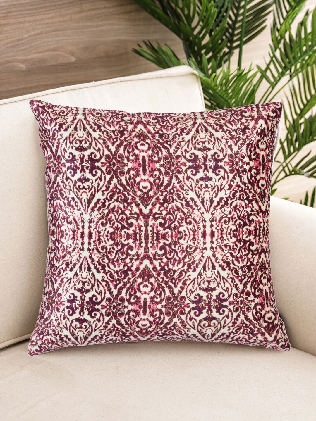 

NISRAG HOME Off White & Pink Ethnic Motifs Square Cushion Cover