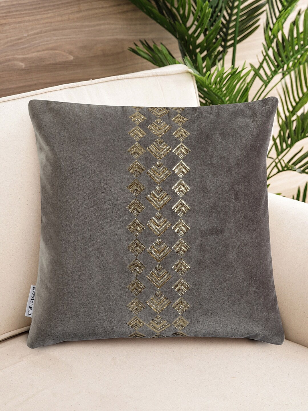 

NISRAG HOME Grey & Gold-Toned Geometric Embellished Square Cushion Cover