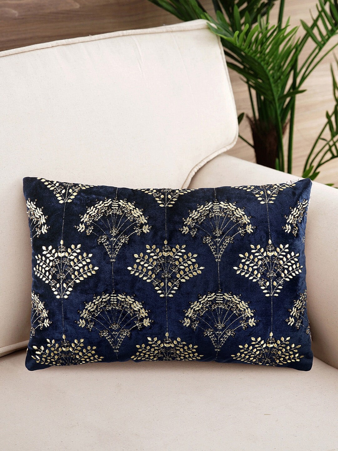 

NISRAG HOME Navy Blue & Gold-Toned Ethnic Motifs Embroidered Rectangle Cushion Cover