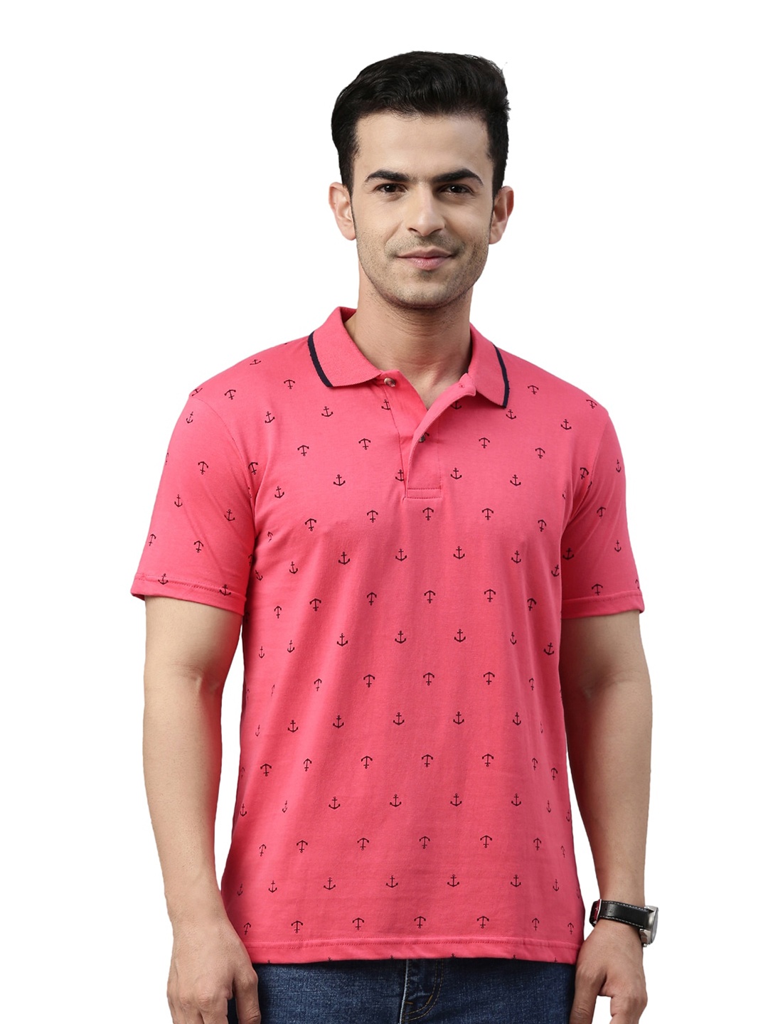 

Kryptic Men Printed Polo Collar Pure Cotton T-shirt, Fuchsia