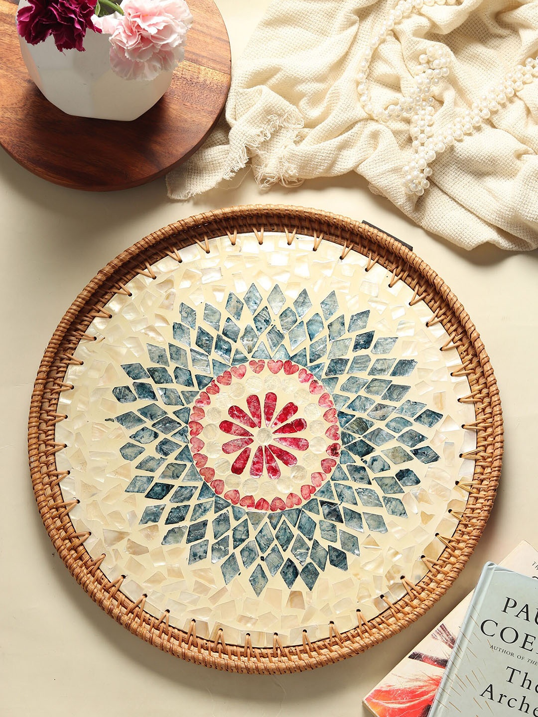 

HABERE INDIA Blue & Beige Mosaic Printed Round Rattan Medium Wooden Tray