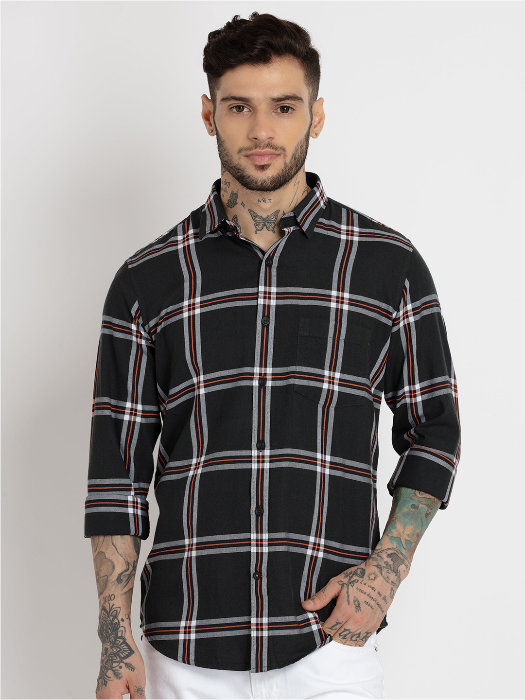 

Status Quo Men Slim Fit Windowpane Checks Checked Cotton Casual Shirt, Olive