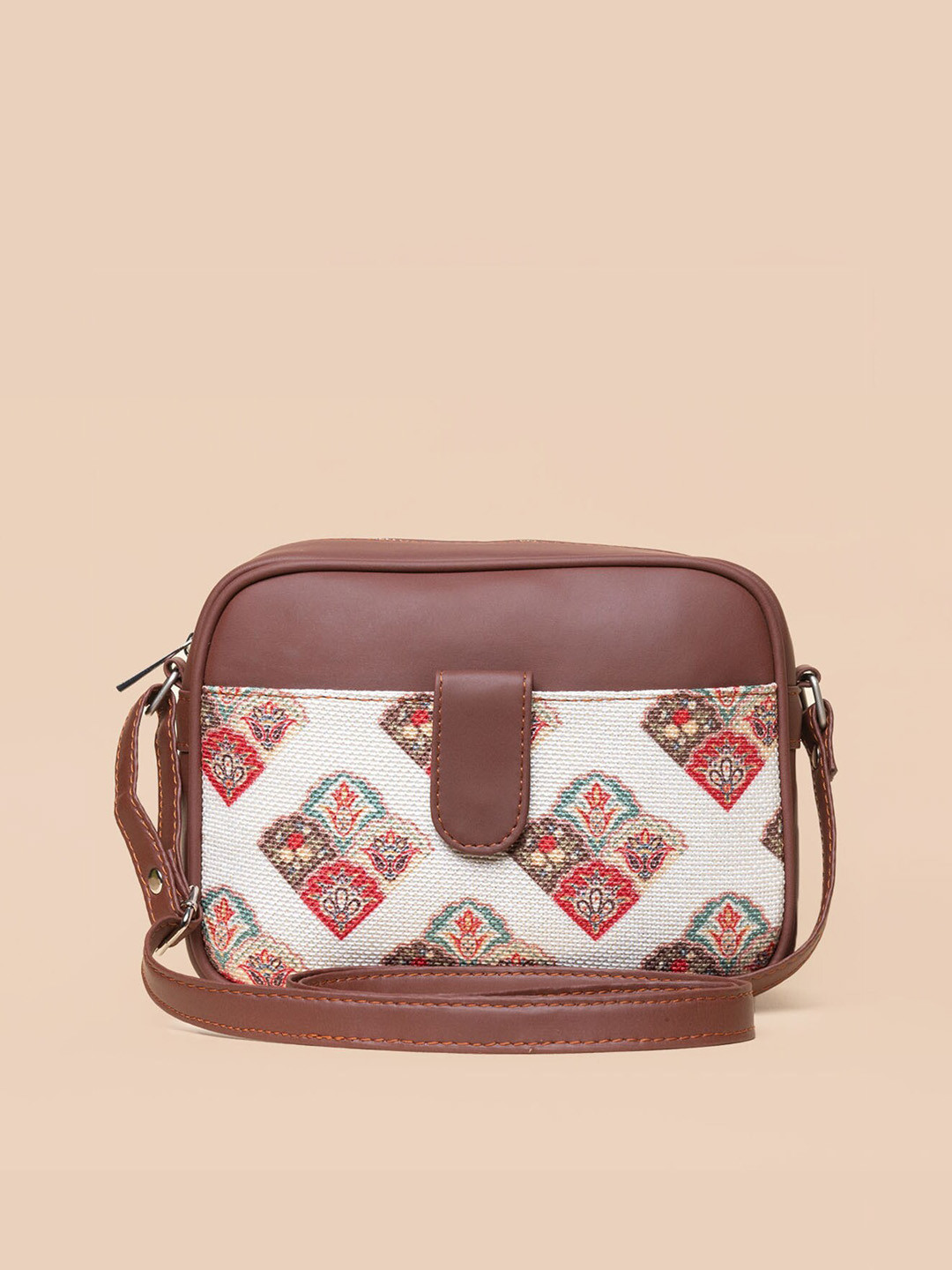 

ZOUK Ethnic Motifs Printed Structured Sling Bag, White