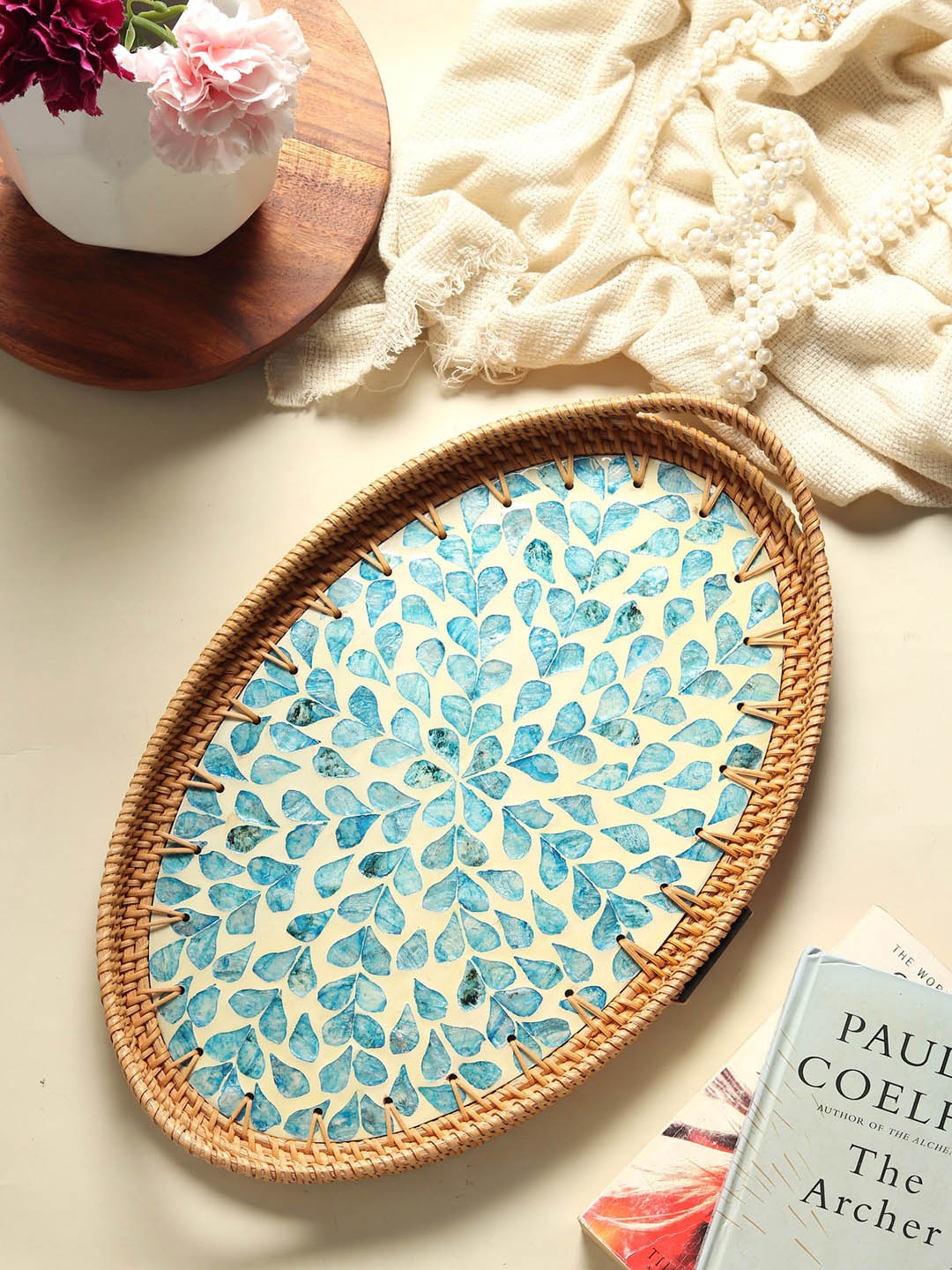 

HABERE INDIA Brown & Blue Mosaic Printed Round Rattan Large Wooden Tray