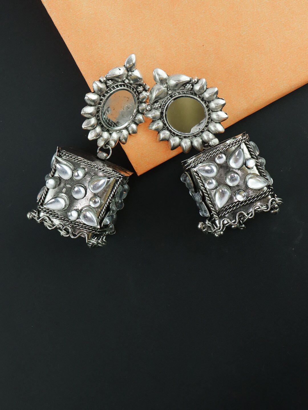 

VAGHBHATT Oxidised Square Drop Earrings, Silver