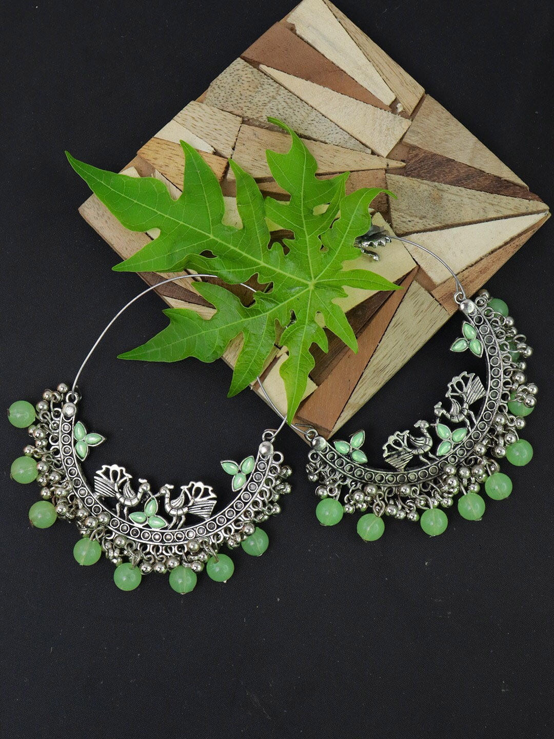 

VAGHBHATT Green Peacock Shaped Hoop Earrings