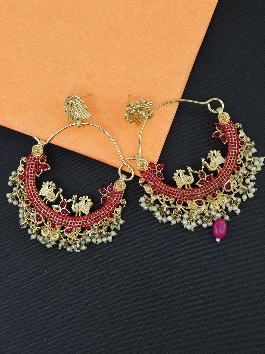 

VAGHBHATT Gold-Plated Peacock Shaped Chandbalis Earrings, Pink