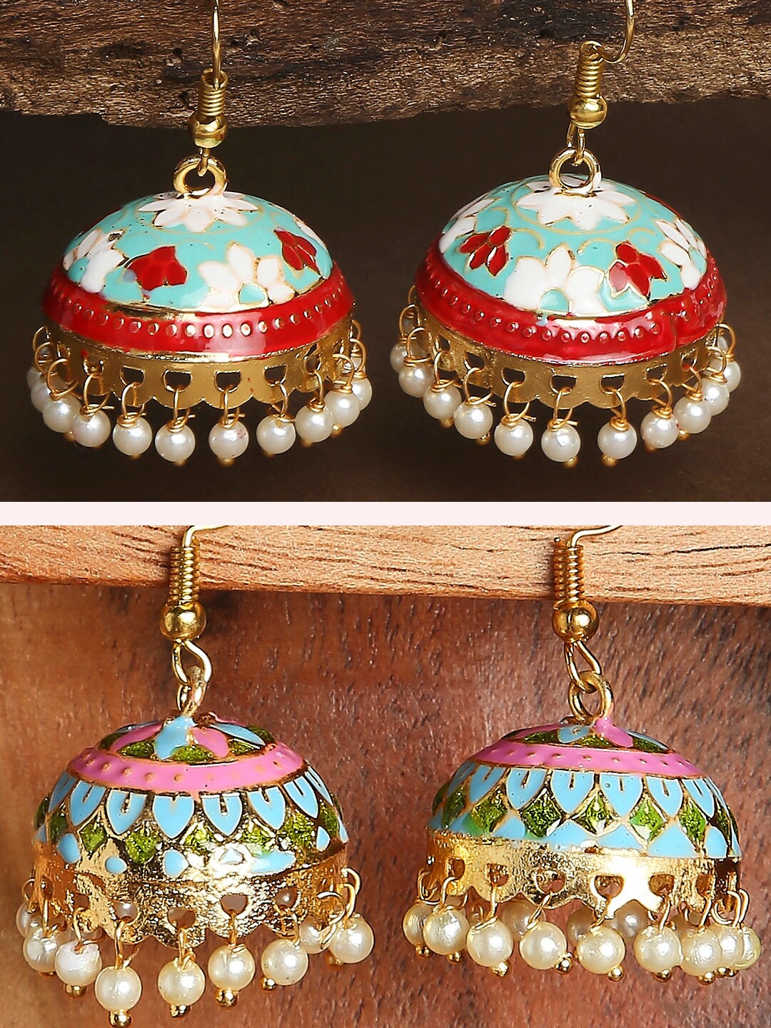 

OOMPH Set of 2 Gold Plated Dome Shaped Jhumkas Earrings, Blue