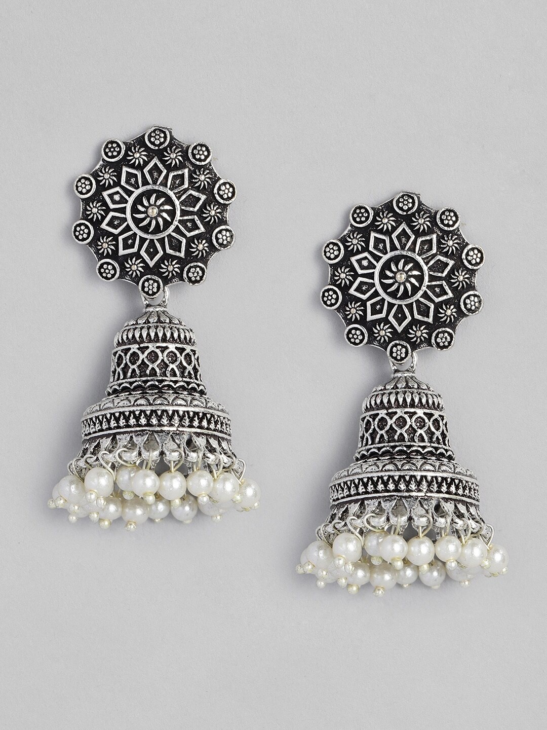

OOMPH Silver-Plated Oxidised Dome Shaped Jhumkas Earrings, White
