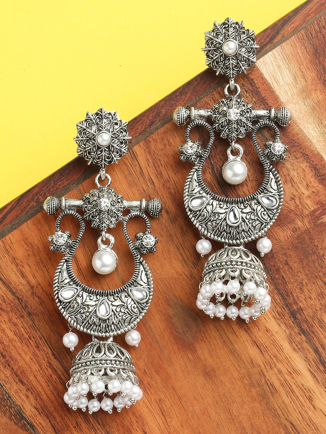 

OOMPH Silver-Plated Pearls Oxidised Contemporary Chandbalis Earrings, White