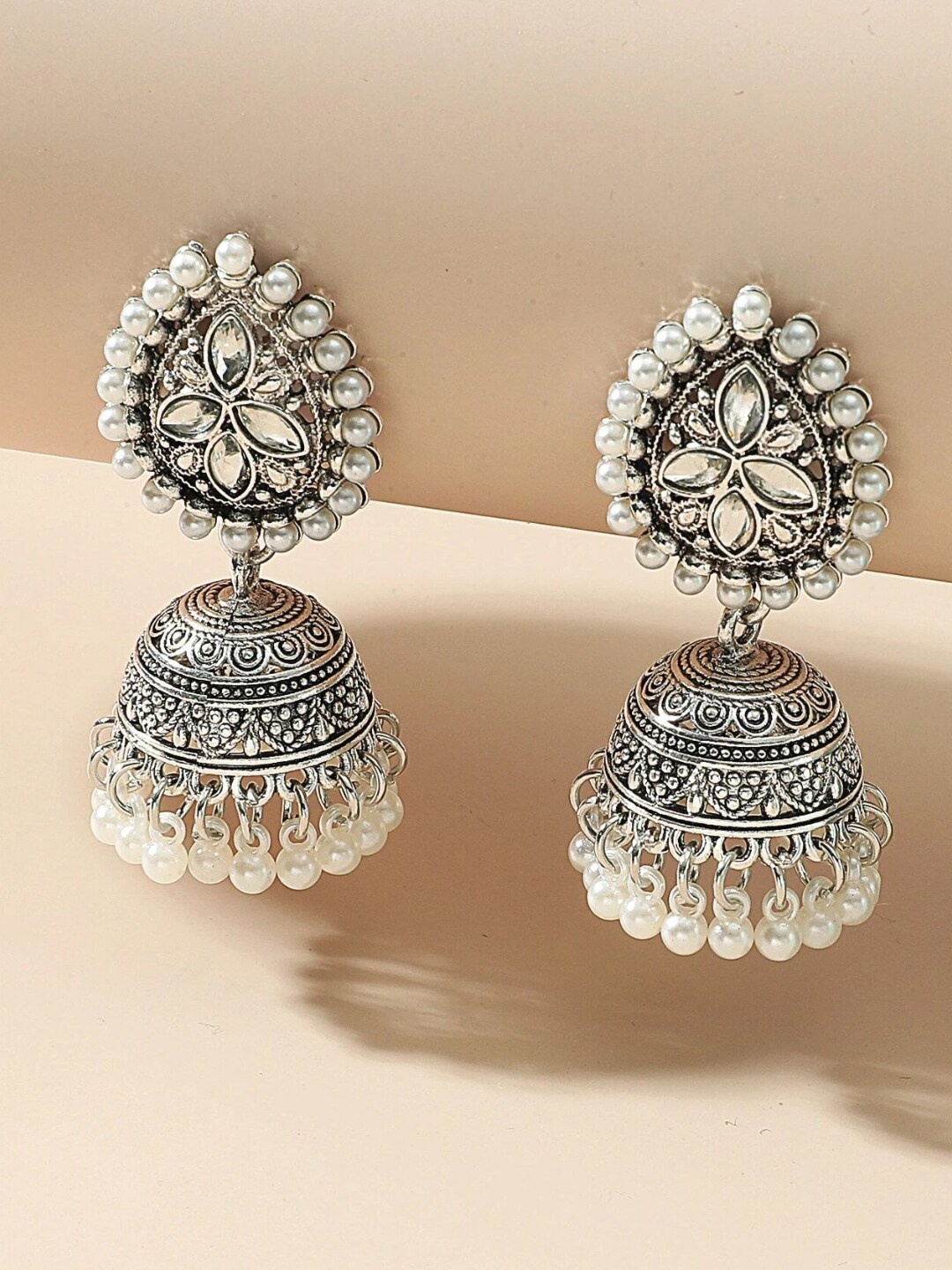 

OOMPH Silver-Plated Dome Shaped Jhumkas Earrings, White