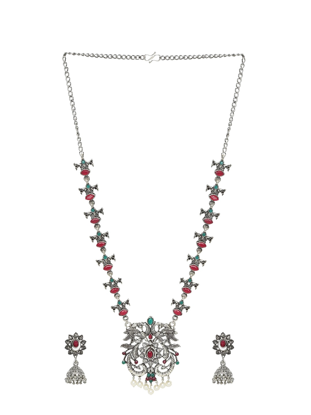 

OOMPH Oxidised Arttificial Stone-Studded Jewellery Set, Silver