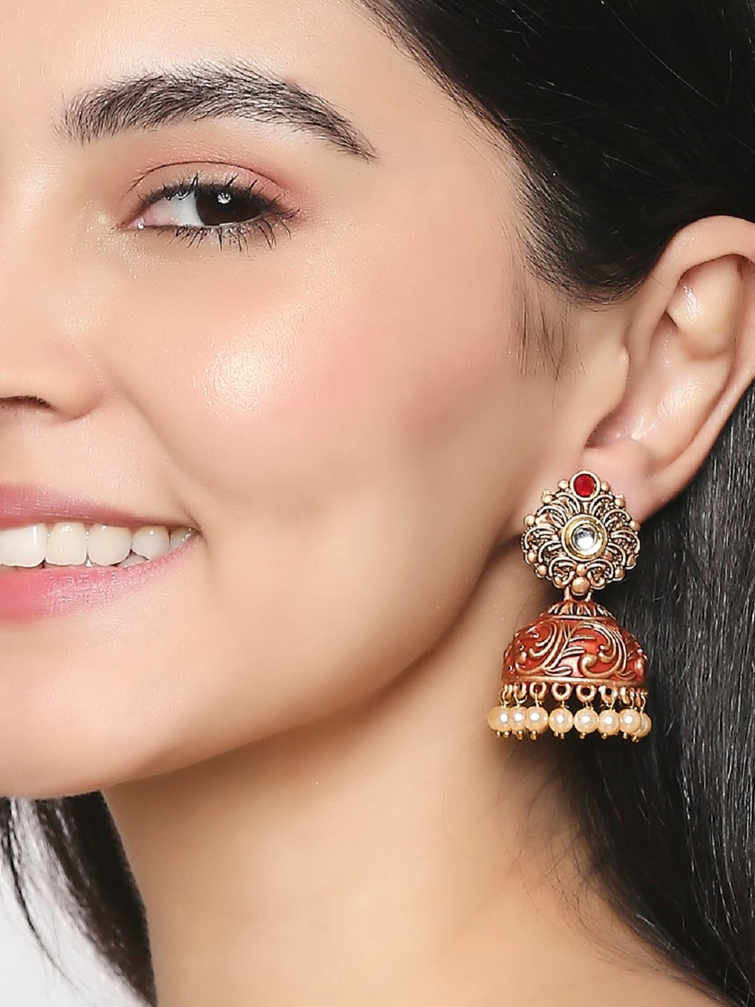 

OOMPH Gold Plated Dome Shaped Jhumkas Earrings, Red