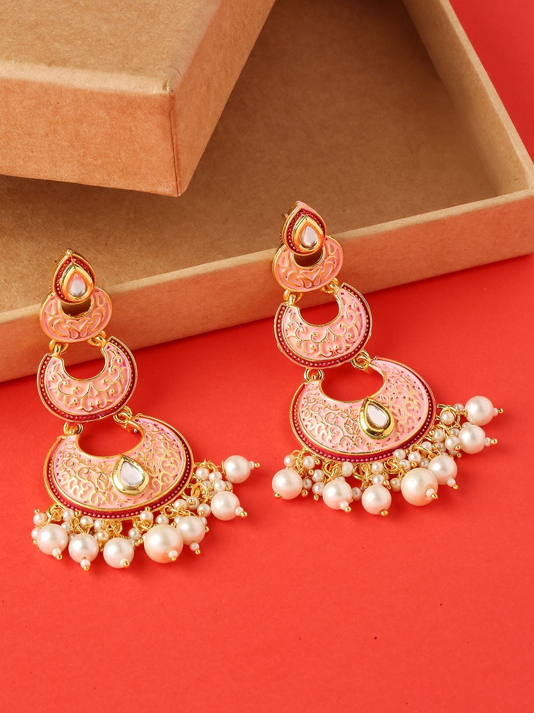 

OOMPH Gold-Plated Crescent Shaped Chandbalis Earrings, Pink