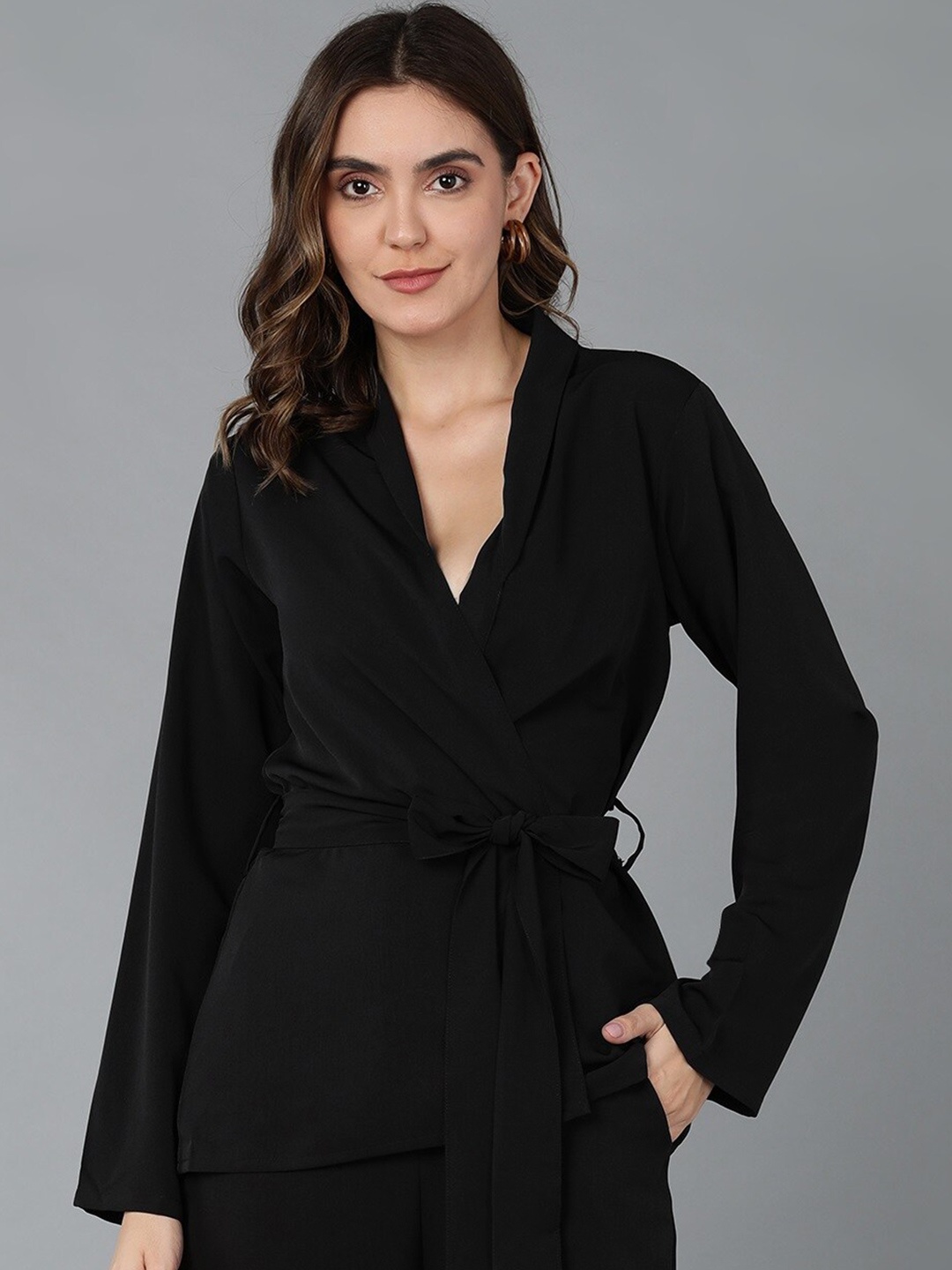 

Fashfun V Neck Wrap Top, Black