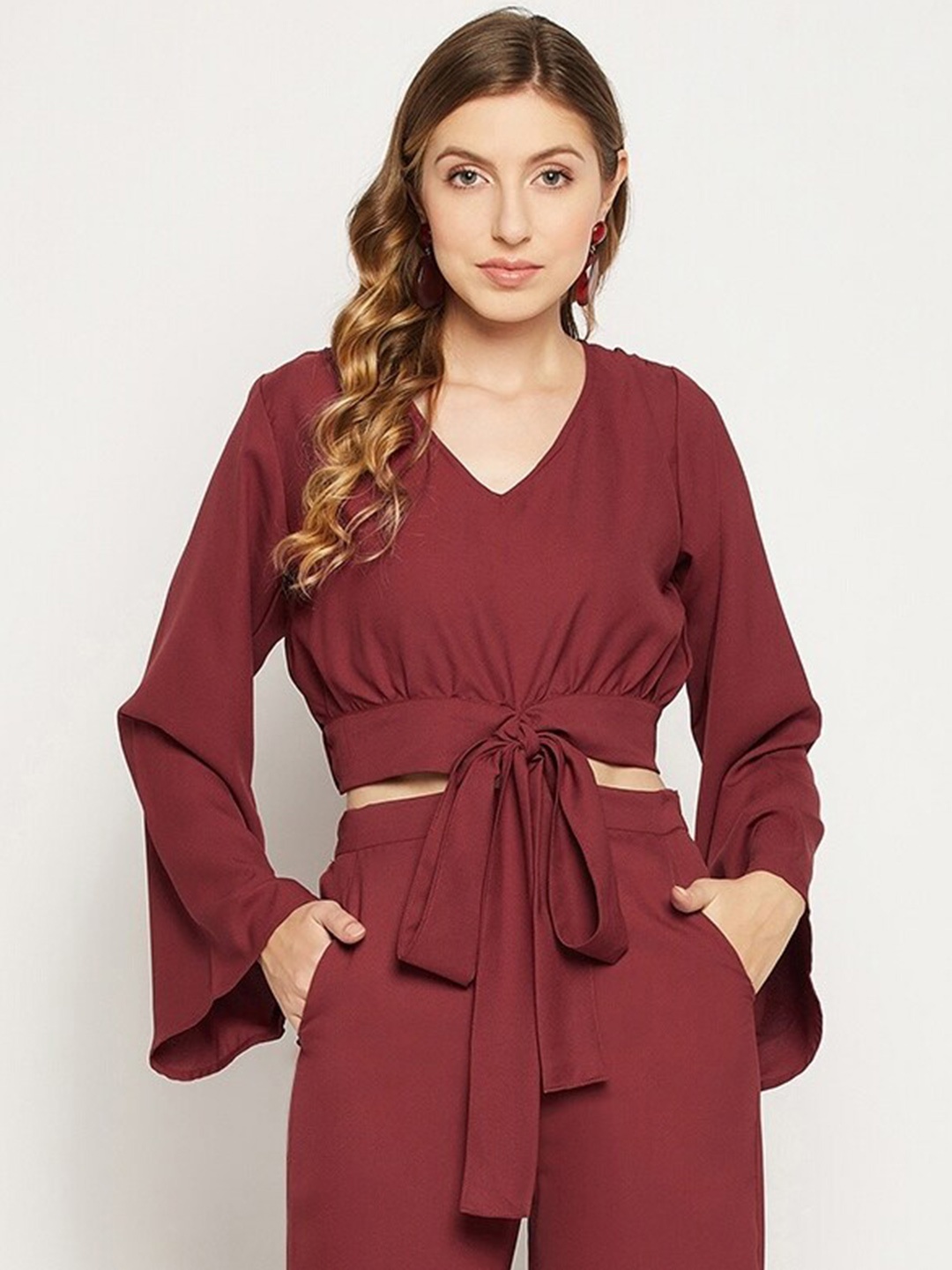 

Fashfun V Neck Cinched Waist Top, Brown